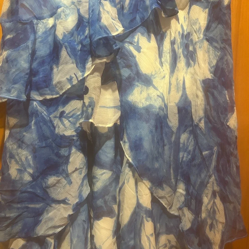 Lauren Ralph Lauren Skirt Sz M Blue Silk Ruffle Midi Watercolor Preppy Old Money